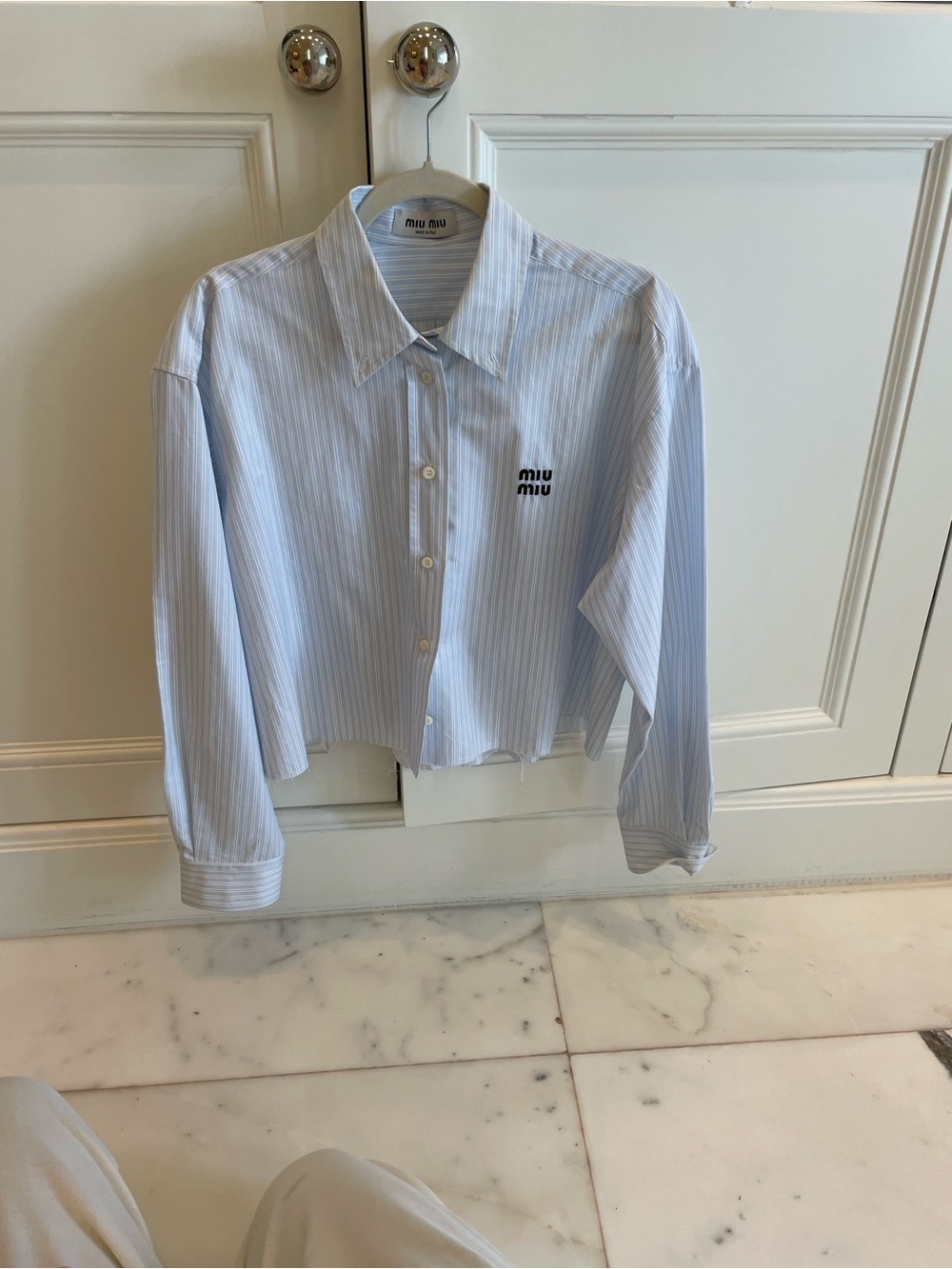 Miu Miu Pale Blue Pinstripe Cropped Button-Down Shirt